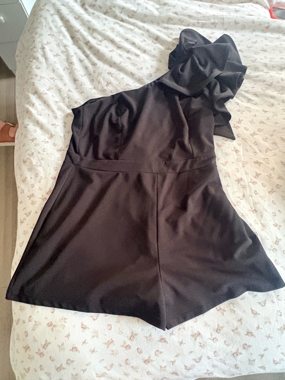 Fashion Nova Black One-Shoulder Ruffle Romper